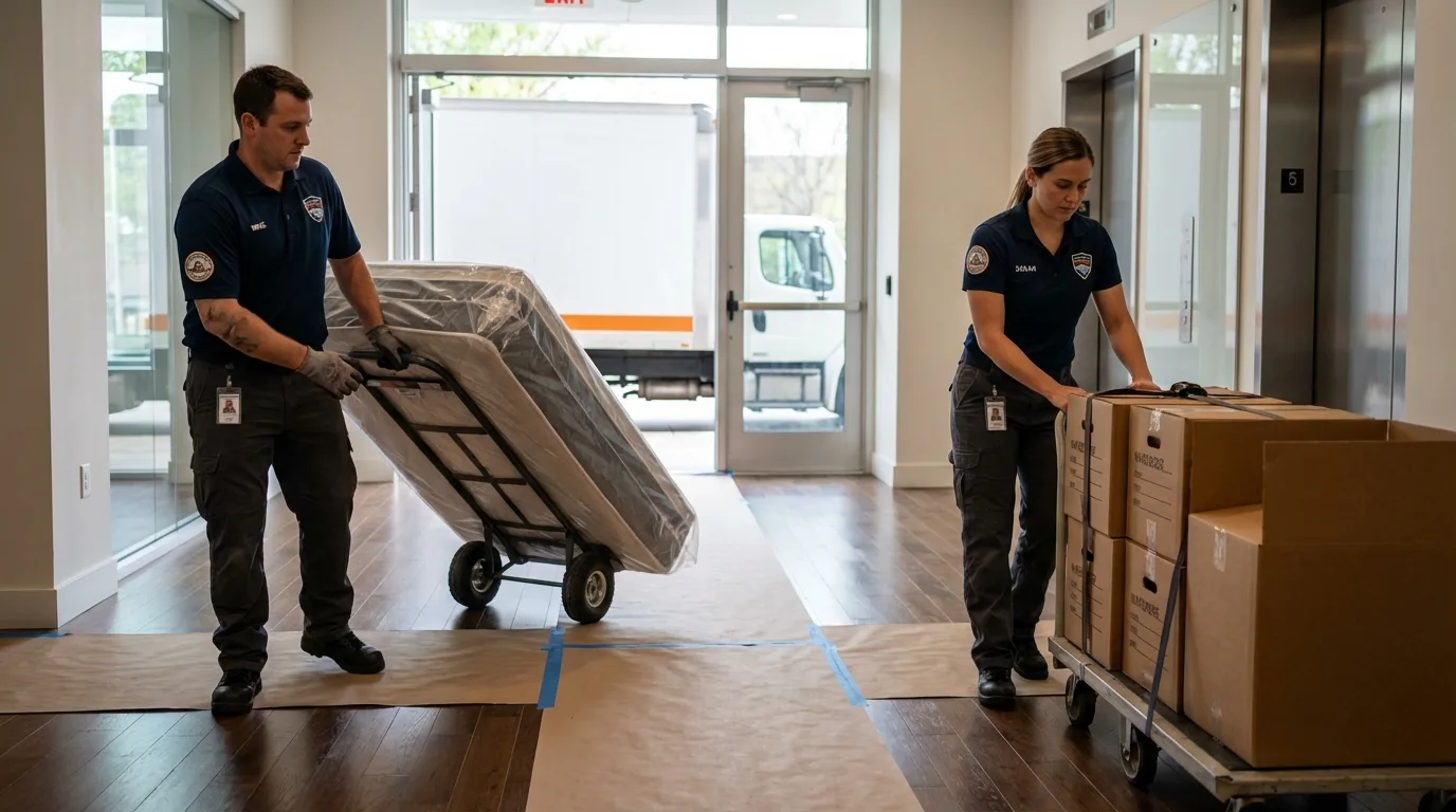 Professional apartment movers loading elevator in Bristol, TN