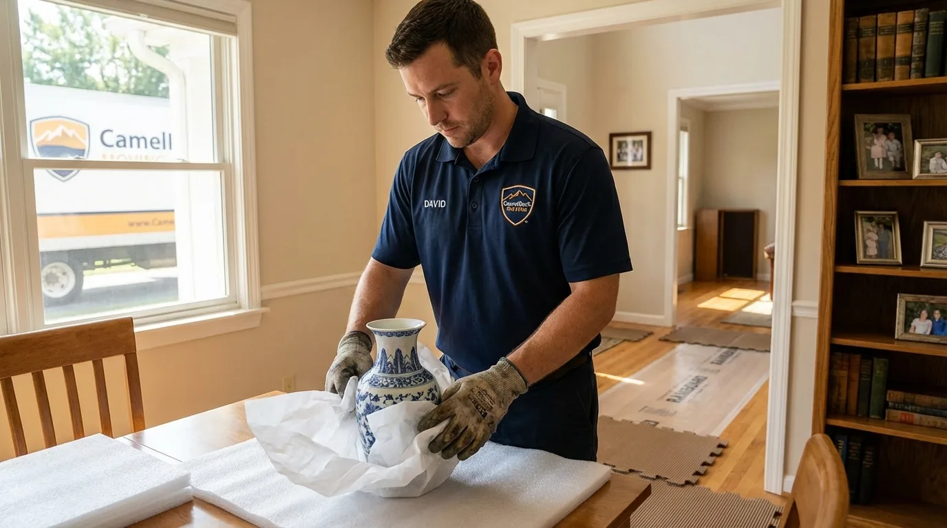 Professional crew carefully wrapping antique vase for senior downsizing move in Bristol, TN